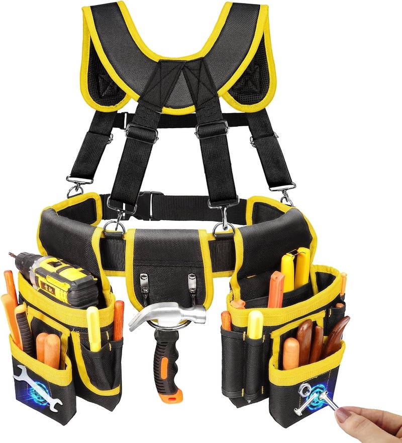 TEKCHIC Tool Belt, Professional Tool Belts for Men, Magnetic Tool Pouch With Suspenders, Heavy Duty Detachable Adjustable Utility Belt Work Bags for Electrician, Carpenter (Black and Yellow, 32''-66'') - Image 1